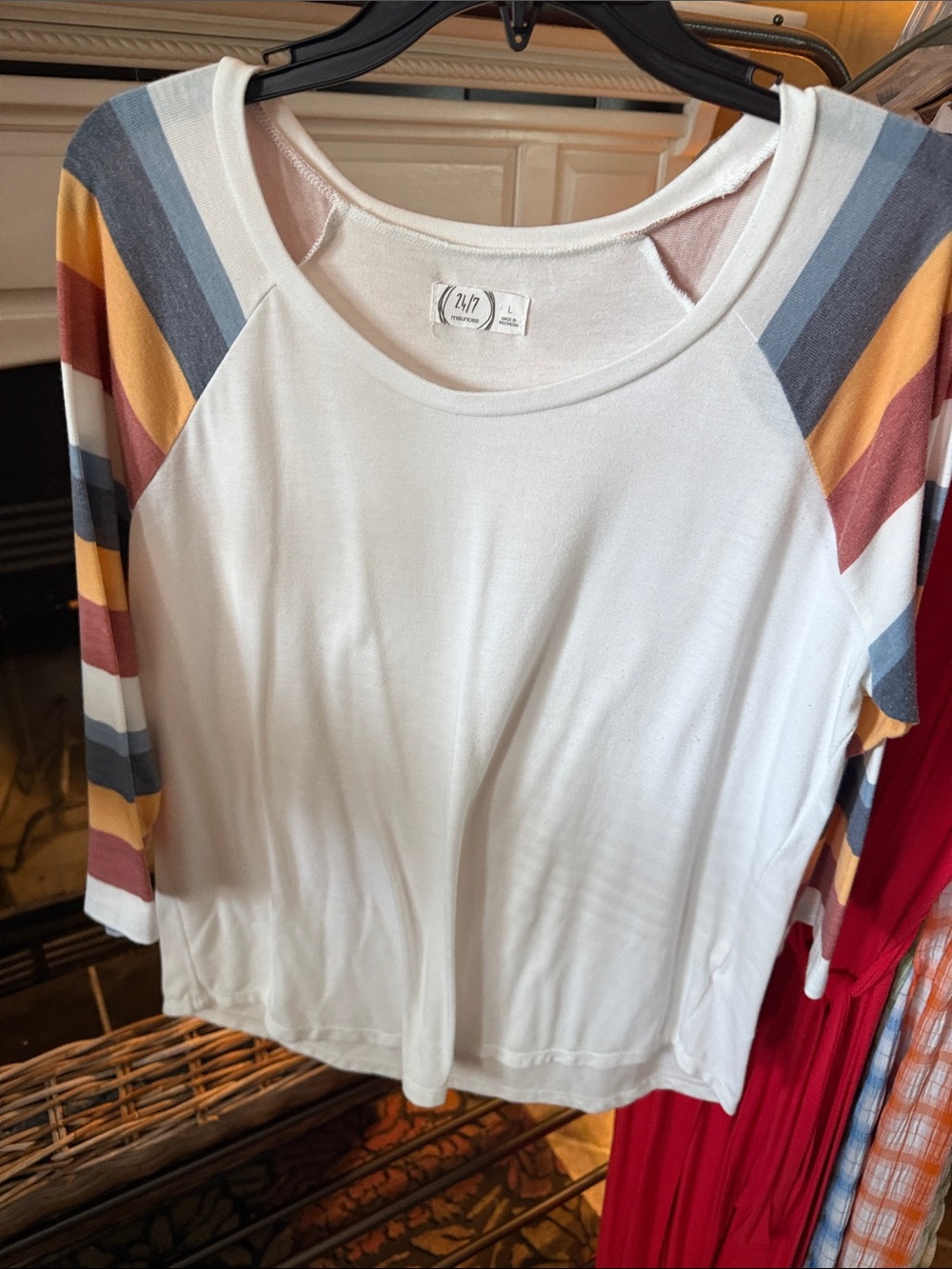White Raglan Top with Striped Multi-Color Sleeves 0078